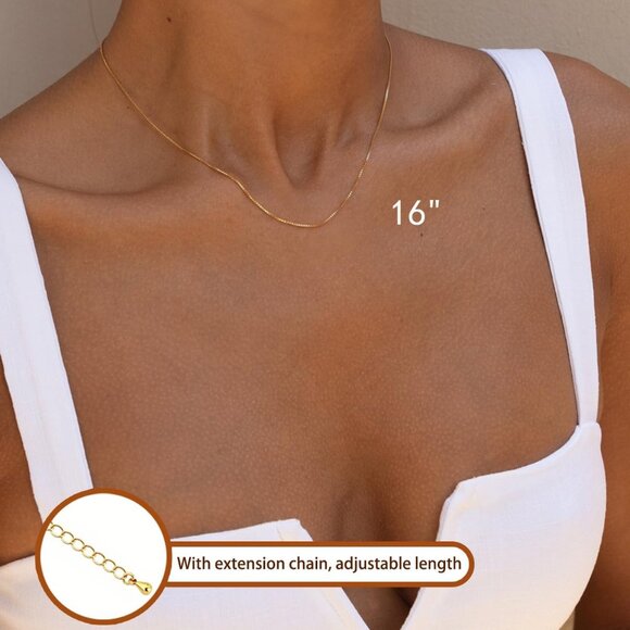 New Minimalist Thin Gold Chain 18K Gold Plated Thin Box Chain Necklace Short - Picture 5 of 6